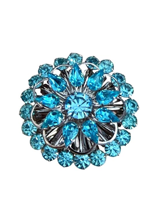None Jewelry - Vintage Blue Rhinestone Flower Brooch Pin Silver-Tone MCM Sparkling 2"
